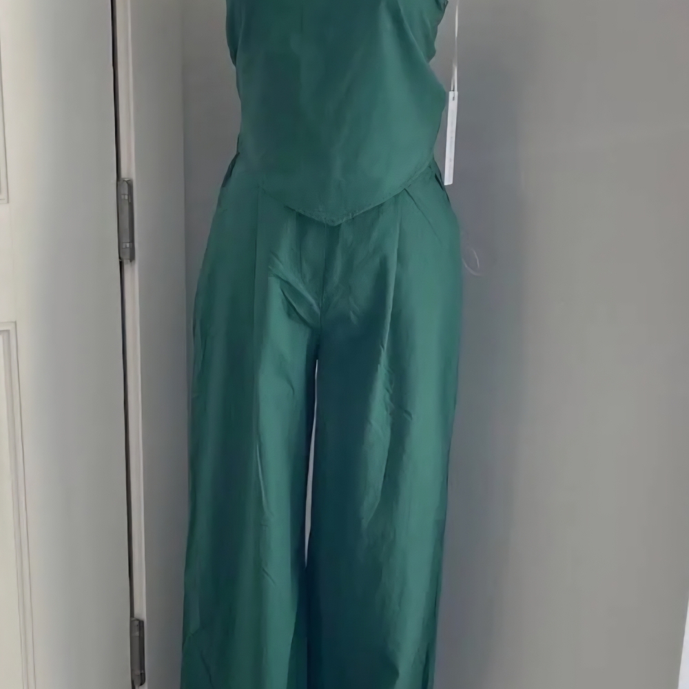 Young Fabulous & Broke Green 2 Pc Wide Leg Pant & Scarf Wrap Top M Light Boho